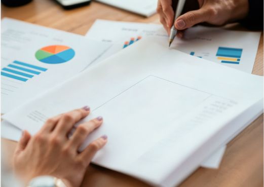 Hands reviewing printed reports with charts and graphs